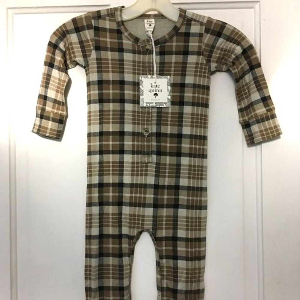 Kate Quinn bamboo Union Suit 18 to 24 mo. plaid brown overalls pajamas top pants
